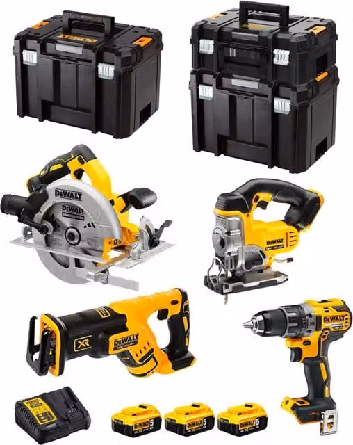 Kit DeWALT DCK421P3T con avvitatore DCD791, seghetto DCS570, troncatrice DCS331, seghetto alternativo DCS367, 3 batterie da 5,0 Ah, caricabatterie DCB115 e contenitori TSTAK II e TSTAK VI, Giallo