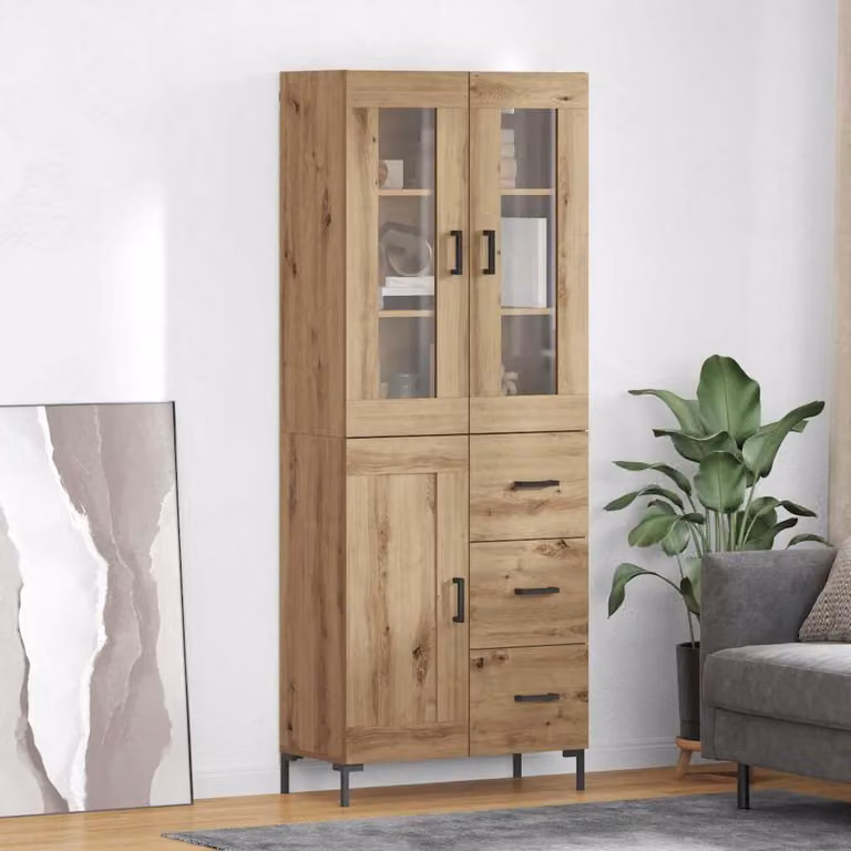 Set di 2 credenze moderne vidaXL in legno e vetro color marrone, L: 69,5 cm, P: 34 cm, H: 180 cm