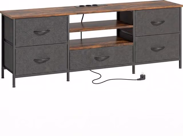 Mobile TV HOMCOM in stile industriale marrone con stazione di ricarica, ripiani aperti e 5 cassetti in tessuto, L 140 x P 30 x H 50 cm
