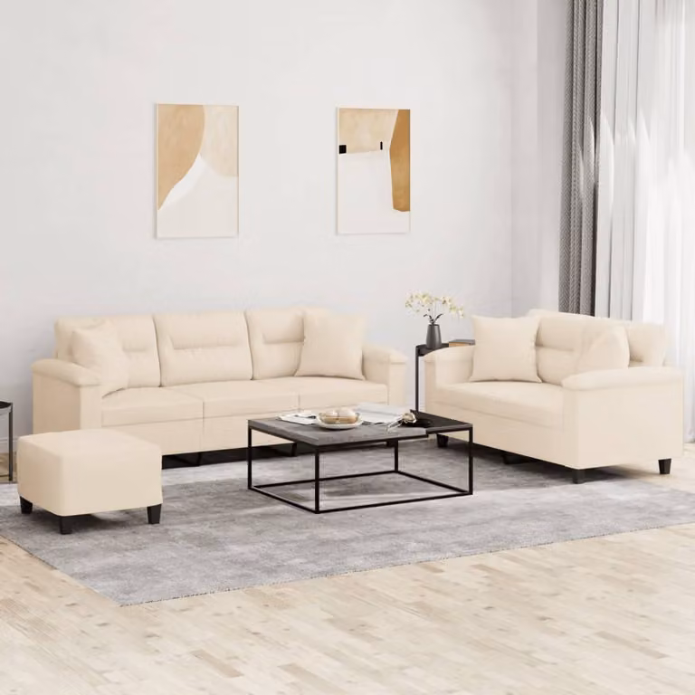 Set di Divani vidaXL 3 Pezzi in Microfibra Beige con Pouf e Cuscini per Soggiorno