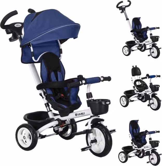 Triciclo 6-in-1 per bambini Xylo blu con maniglione, tettuccio, cintura e cestello portaoggetti, pieghevole e lavabile, adatto da 18 mesi in su