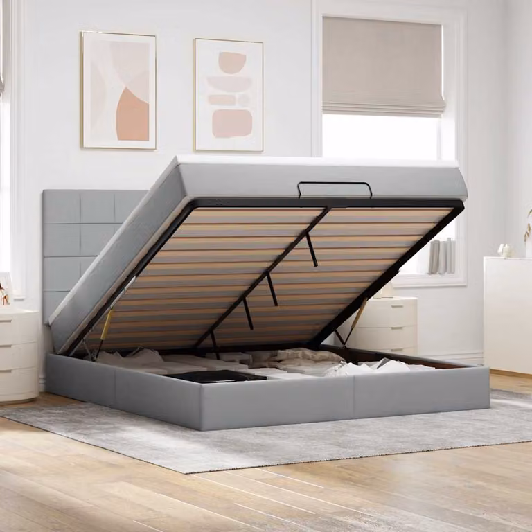 Letto con contenitore e materasso vidaXL in tessuto grigio e bianco, L/P/H: 160 x 200 x 28 cm