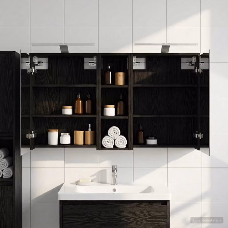 Set di 3 armadi da bagno con specchio e illuminazione LED vidaXL, colore nero opaco, L/P/H: 106 x 16 x 62,5 cm