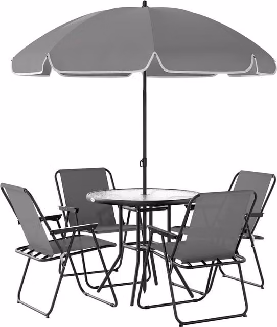 Set da giardino Outsunny composto da 6 pezzi con tavolo rotondo in vetro, ombrellone e 4 sedie pieghevoli in acciaio verniciato a polvere, colore grigio e nero