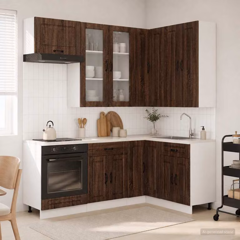 Unità cucina vidaXL KALMAR 8 pezzi in legno ingegnerizzato color rovere marrone con ante in vetro e ripiani interni