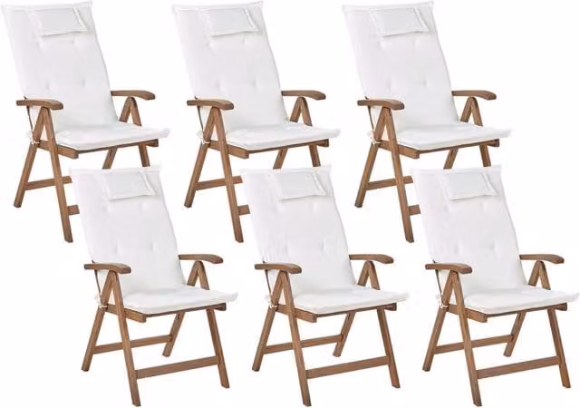 Set di 6 sedie da giardino BELIANI in legno di acacia scuro con braccioli, regolabili e pieghevoli, stile rustico con cuscini bianco sporco