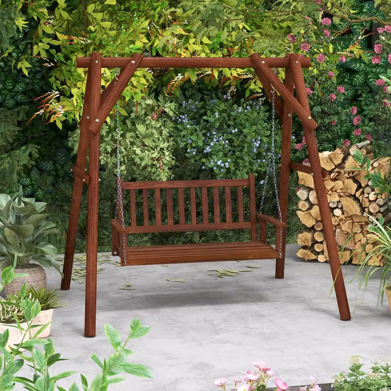 Altalena da giardino Costway in legno marrone per 3 persone con portata 363 kg e sedia a dondolo L/P/H: 168 x 65 x 63 cm