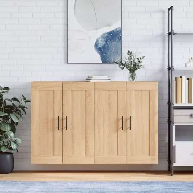 Set di 2 armadietti da parete vidaXL in legno e metallo colore rovere, ideale per il bagno, con ante a battente, finitura opaca, L: 90 cm, H: 34 cm, P: 69,5 cm
