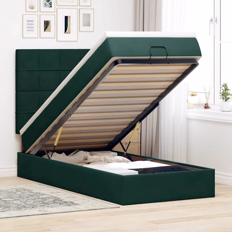 Letto con Pouf e Materasso vidaXL in Velluto con Base a Sollevamento, Illuminazione Sotto il Letto e Porte USB, L/P/H: 203 x 80 x 140 cm, Verde e Bianco