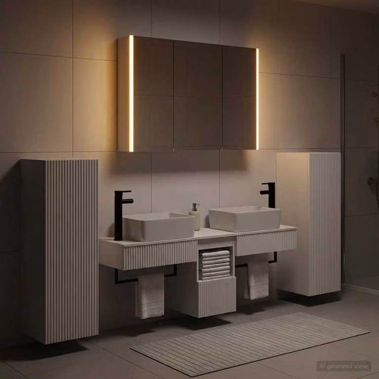 Set di mobili per il bagno moderno vidaXL in 6 pezzi Bianco con illuminazione LED, armadietto con specchio e mobile lavabo