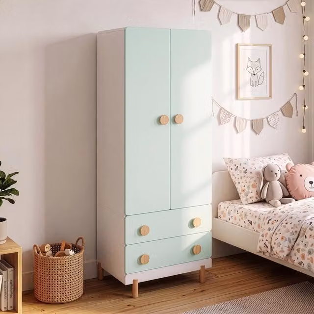 Armadio per cameretta Vaarentaa en.casa con 2 ante e 2 cassetti, Bianco e Verde Menta, H 156 cm x L 60 cm x P 41 cm