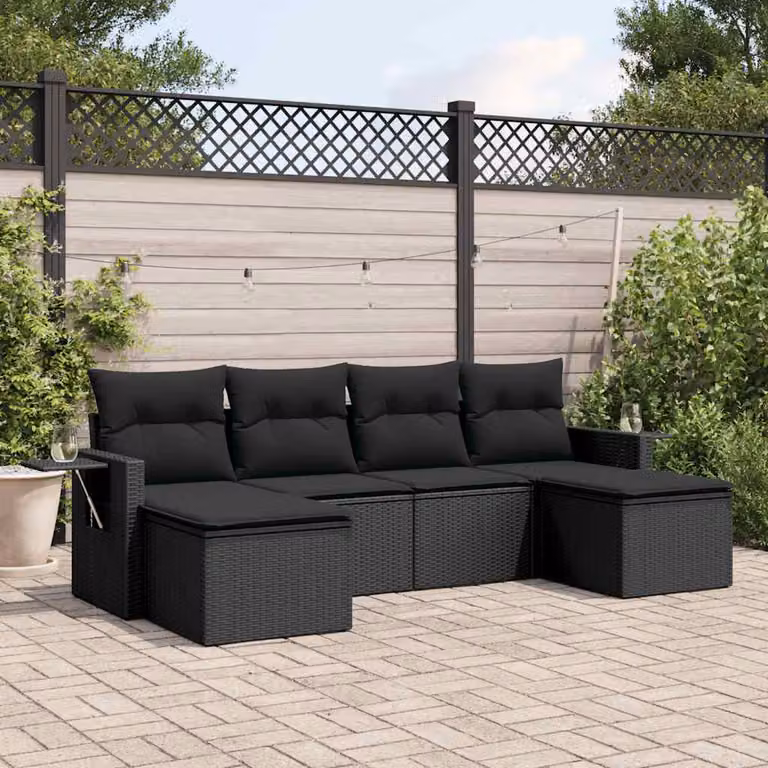 Set Divano da Giardino a L vidaXL 6 pz in Polyrattan Nero con Cuscini e Tavolino