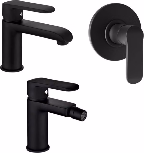 Set di 3 miscelatori a incasso Puma Safety per bidet, lavabo e doccia con leva singola e scarico pop-up, nero opaco