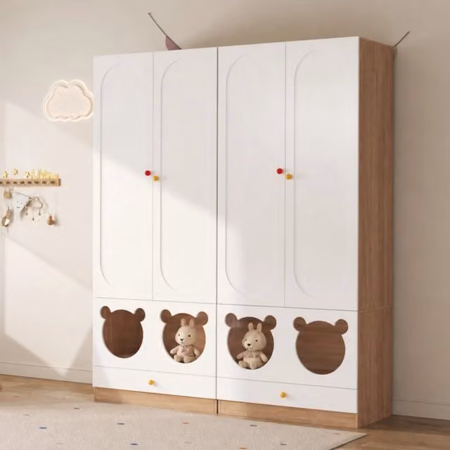 Armadio per bambini in stile scandinavo con due ante, cassetti interni e asta appendiabiti in MDF bianco e beige, L: 80 cm, P: 50 cm, H: 200 cm