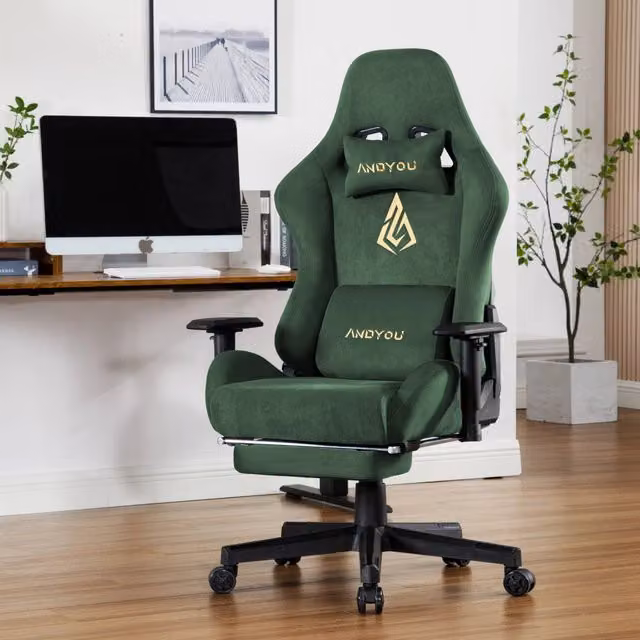 Poltrona da gaming Minimal verde con poggiapiedi regolabile, girevole e poggiatesta