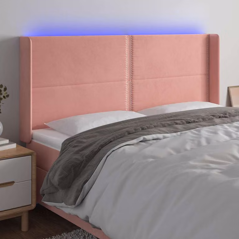 Testiera per letto vidaXL in velluto rosa con illuminazione LED e porta USB, L: 163 cm, P: 16 cm, H: 118/128 cm