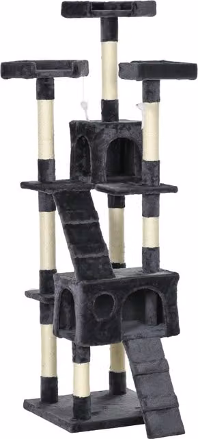 Albero Tiragraffi per Gatti PawHut con 3 Posatoi, 2 Casette e Giochi Integrati in Legno e Peluche, Grigio Antracite