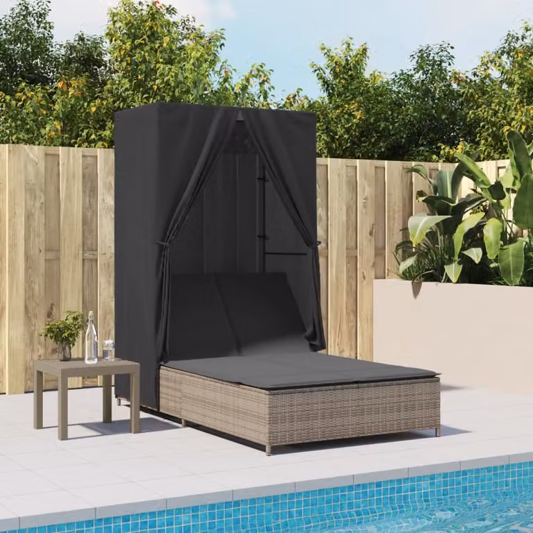 vidaXL Lettino Prendisole Doppio con Tetto e Tende in Polyrattan Grigio