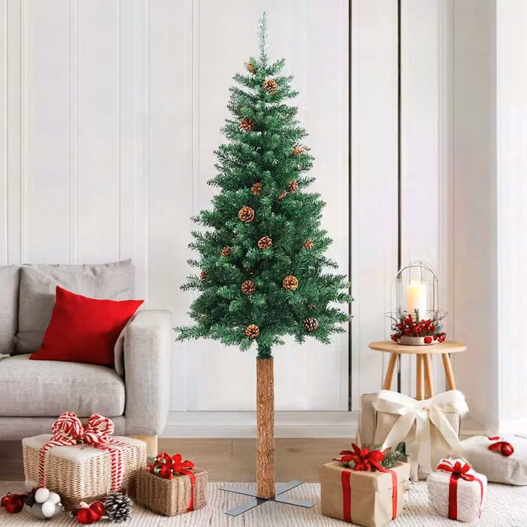 Albero di Natale sottile vidaXL verde con legno vero e pigne, Altezza: 180 cm