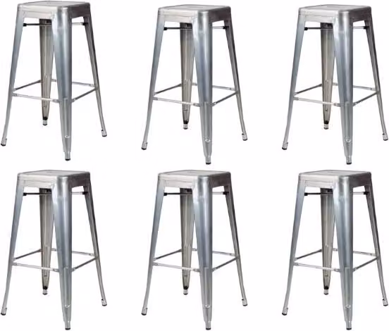 Set di 6 sgabelli moderni impilabili in metallo color argento Mobili 2G L/P/H: 43 x 43 x 76 cm