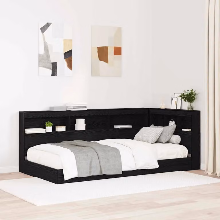 Testata del letto con contenitore vidaXL in legno ingegnerizzato e metallo, colore nero, con ripiano integrato e porta di ricarica USB, L/P/H: 217.5 x 117.5 x 76.5 cm