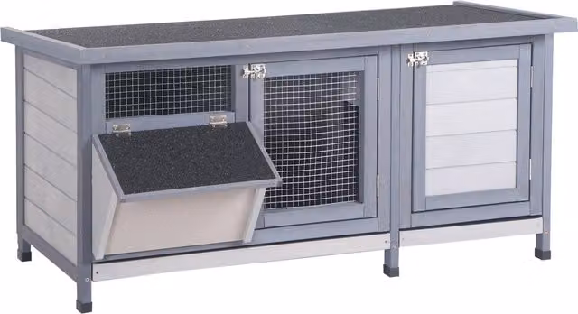 PawHut Conigliera in legno resistente alle intemperie con tetto in bitume e rete metallica per conigli e porcellini d'India, Grigio e Nero, L: 112 cm, P: 50 cm, H: 54 cm