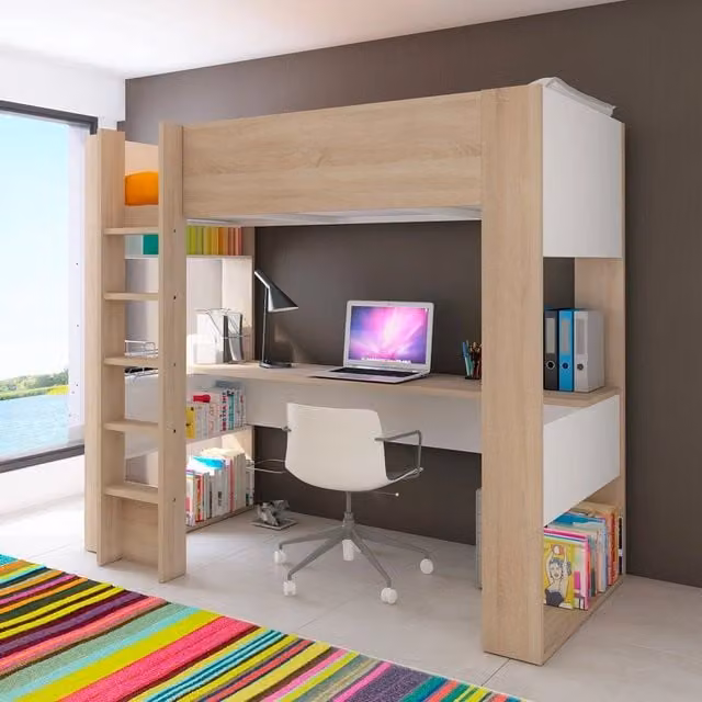 Letto a soppalco singolo con scrivania in legno rovere e bianco per cameretta bambini L: 183 cm, P: 110 cm, H: 206 cm