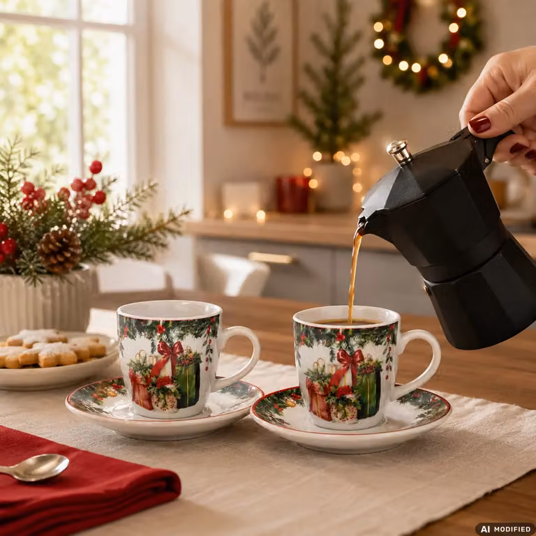 Set 2 Tazzine da Caffè Natalizie con Piattino in Porcellana Multicolore Vestiamo Casa 8 cl