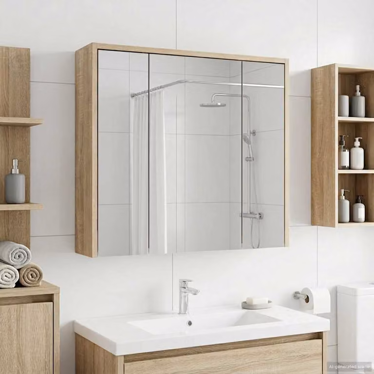 Mobiletto per specchio da bagno vidaXL moderno in Rovere Sonoma con specchio e ripiani interni, L/P/H: 63,5 x 16,0 x 62,5 cm