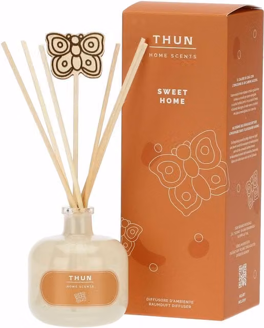 Diffusore di fragranza con bacchette Thun Sweet Home da 100 ml, note fruttate, speziate e legnose, flacone in vetro trasparente