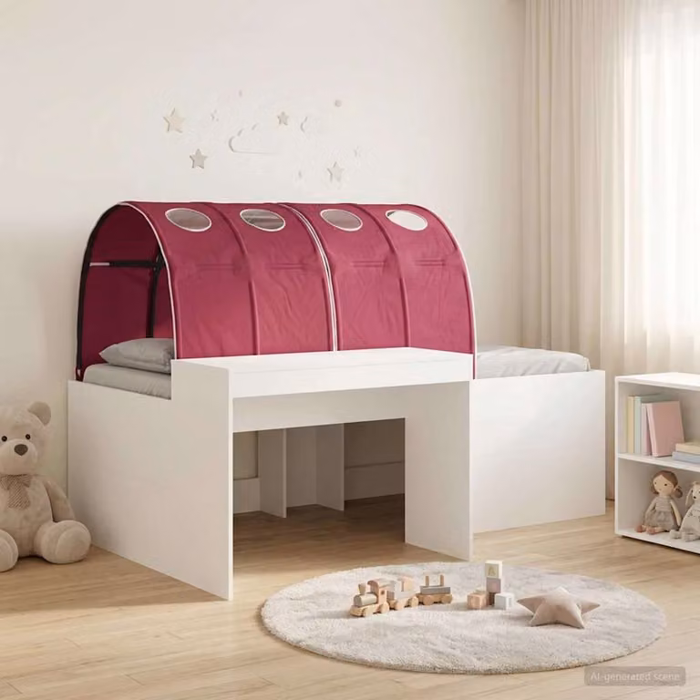 Letto per bambini con tunnel vidaXL in legno e tessuto, L/P/H: 193 x 120 x 75 cm, Rovere, Rosso e Bianco
