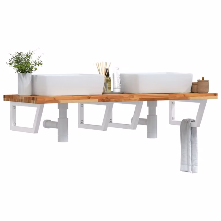 vidaXL Ripiano a Parete per Lavabo in Accacia e Metallo, Bianco e Marrone
