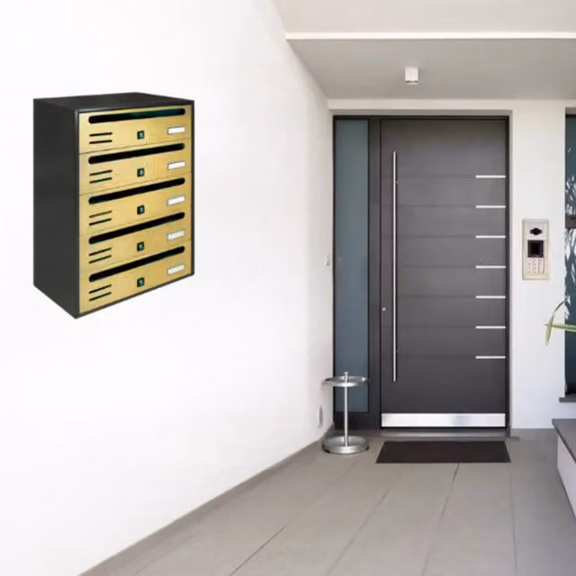 Cassette Postali Condominiali ALUBOX CUBO a 5 Posti in Lamiera Zincata, Colore Antracite con Sportelli Oro, L: 53,5 cm, P: 38,5 cm, H: 25 cm