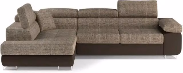Divano angolare trasformabile MENTON MEUBLORAMA beige e cioccolato in tessuto bouclé con angolo sinistro, funzione letto e vano contenitore L 272 x P 145 x H 85 cm