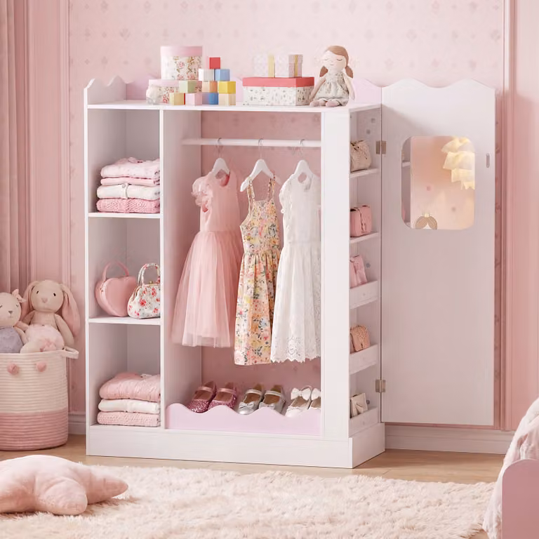 Armadio per bambini Costway bianco con specchi in acrilico infrangibili, organizzatore moderno con asta appendiabiti e ripiani aperti in MDF