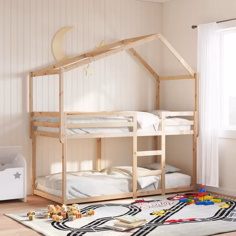 Letto a Castello con Tetto per Bambini vidaXL in Legno Massello di Pino, Marrone, L 80 x P 200 cm
