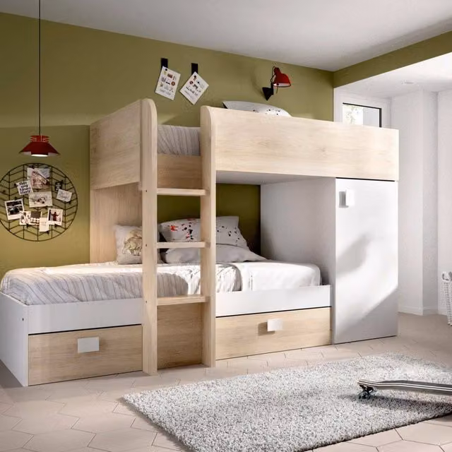 Set cameretta per bambini DMORA con letto a castello, armadio e cassetti, Bianco e Rovere, L: 255 cm, H: 150 cm, P: 112 cm