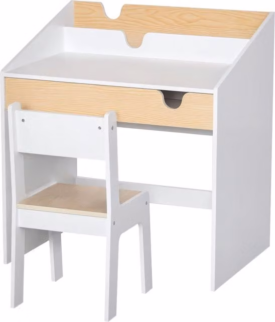 Set Scrivania e Sedia per Bambini Xylo in Bianco e Legno Naturale L: 70 cm, P: 50 cm, H: 75 cm