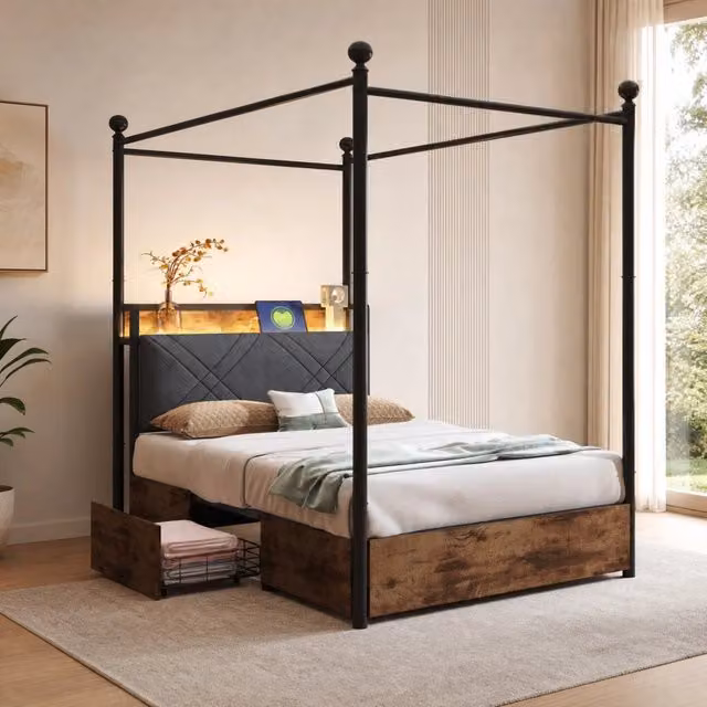 Letto Mivray con baldacchino rimovibile, cassetti, illuminazione LED e ricarica USB Type-C, colore nero, L/P/H: 90 x 190 x 208,6 cm