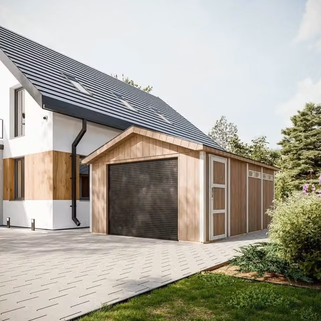 Garage Timbela M991B in legno con pannelli LP Smartside per auto, moto e biciclette, L: 378 cm, P: 530 cm, H: 269 cm, colori grigio e beige