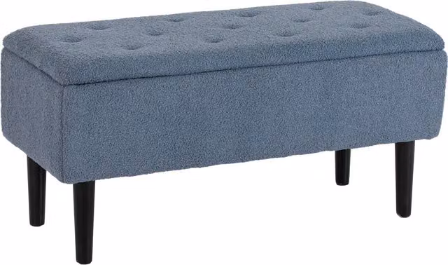 Panca imbottita con contenitore HOMCOM in effetto cashmere blu con struttura in legno naturale, L: 95 cm, P: 38 cm, H: 45 cm