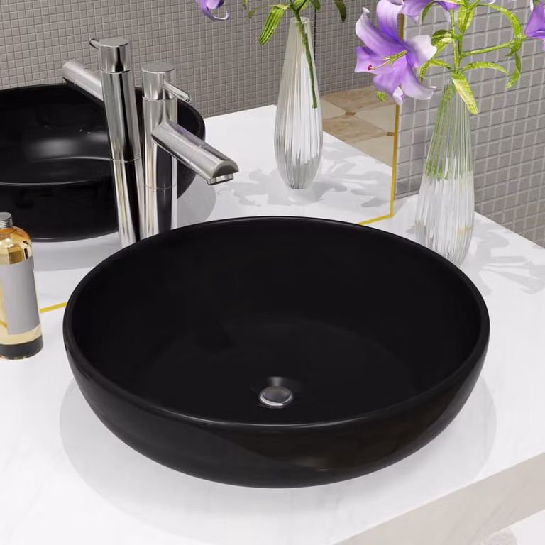 Lavandino tondo da appoggio in ceramica vidaXL, Nero, Diametro: 42 cm, Altezza: 12 cm