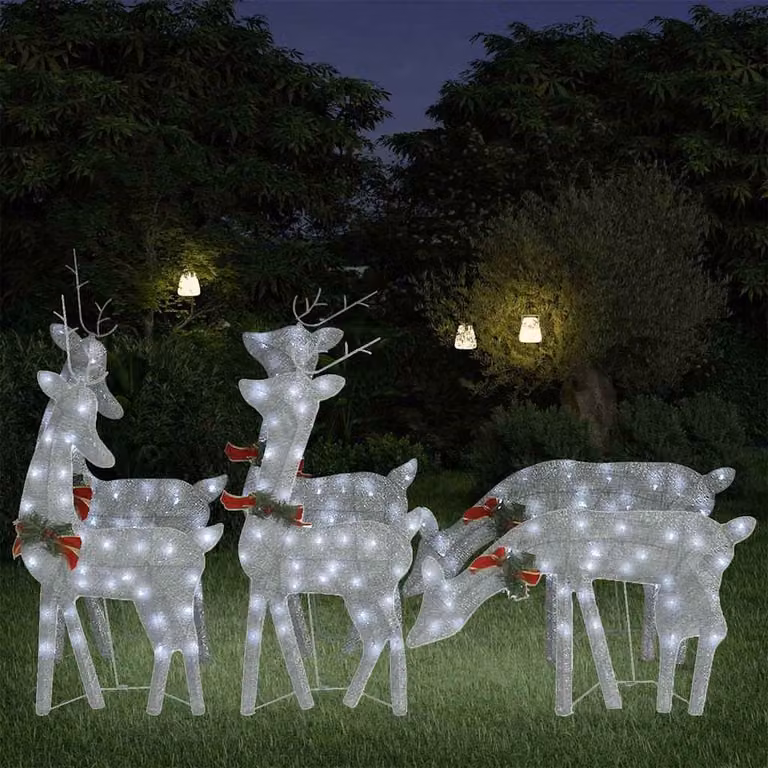 Set di 6 renne di Natale vidaXL con luci LED bianco freddo, argento e bianco