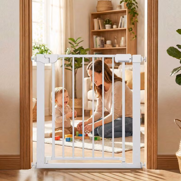 Cancello di sicurezza per bambini Costway per scale, montaggio a pressione senza forare, chiusura automatica con una mano, Bianco