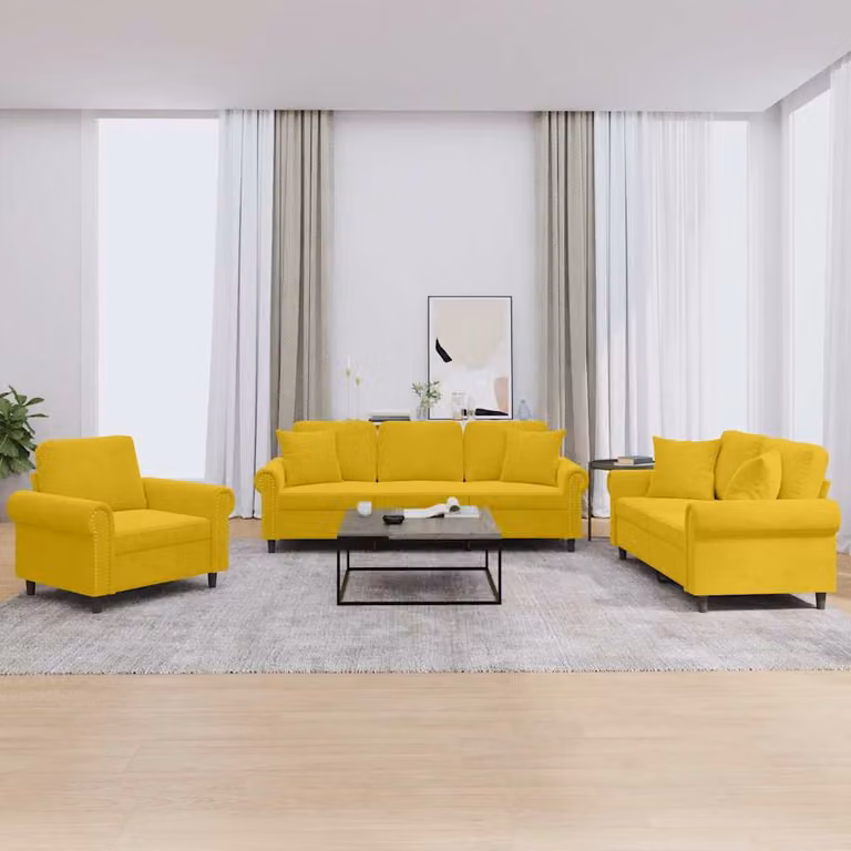 Set di divani vidaXL in velluto giallo con cuscini, composto da un divano a 3 posti e un divano a 2 posti con braccioli per il tuo soggiorno