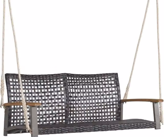 Costway Dondolo Sospeso da Esterno a 2 Posti in Rattan PE con Braccioli in Legno di Acacia, L 131 x P 68 x H 54 cm, Marrone e Nero