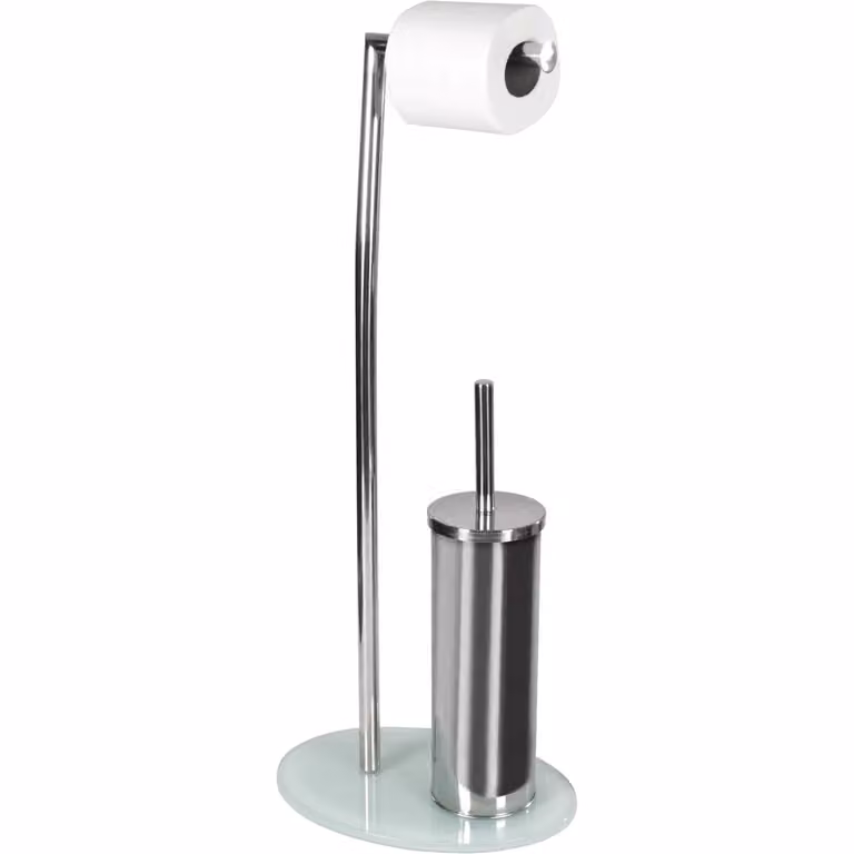 Piantana portascopino e portarotolo Vestiamo Casa in acciaio inox color argento, H 72 cm x L 28 cm x P 20 cm