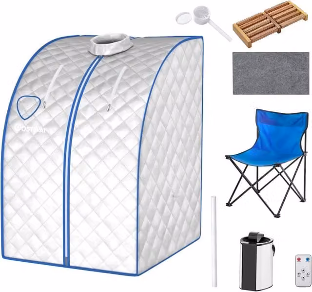 Sauna a vapore portatile pieghevole Design Mania con timer e temperatura regolabili, telecomando e massaggiatori, Argento