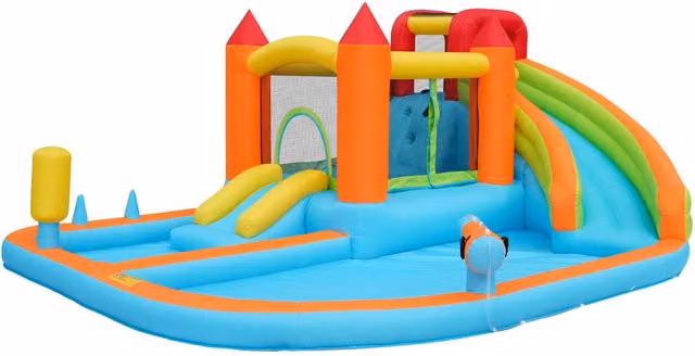 Castello gonfiabile multifunzionale Aosom con scivolo d'acqua, trampolino, canestro da basket e pistola ad acqua, Arancione, L/P/H: 460 x 343 x 190 cm