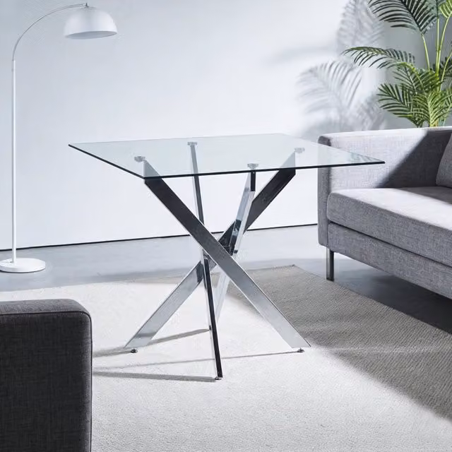 Tavolo da Pranzo Quadrato Minimal con Piano in Vetro Trasparente e Gambe in Metallo Argento L/P/H: 80 x 80 x 75 cm